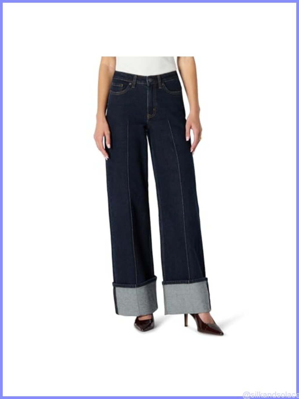 High-Rise Wide Leg Cuffed Jeans Low Stretch Denim Pintuck Detail
